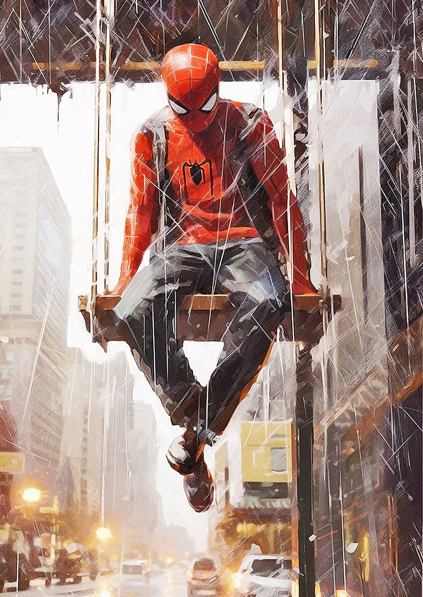 Dramatic artwork of Spider-Man perched in a rainy urban environment.